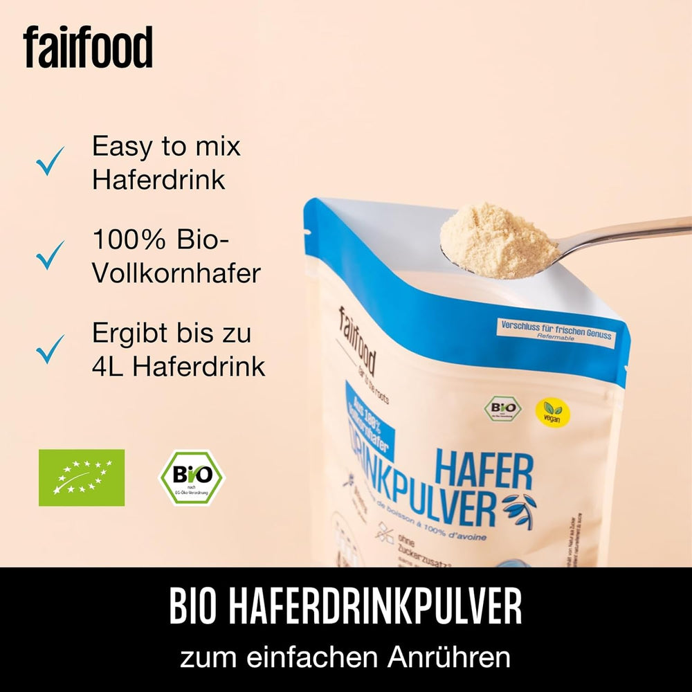 fairfood Bio Haferdrink Pulver 360g - nachhaltige Milchalternative - vegán, glutenfrei und ohne Öl - bis zu 4L Haferdrink - zum Selbermischen - 100% Bio-Vollkornhafer