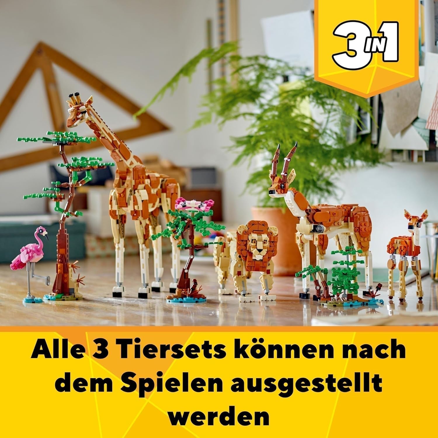 LEGO Creator 3 az 1-ben állatszafari, kreatív készlet állatfigurákkal, 3 építési lehetőség: játék zsiráf, gazella és oroszlán, játékállatok lányoknak és fiúknak, természetes ajándék 9 év feletti gyerekeknek 31150 Építőkészletek Beuche den LEGO-Store