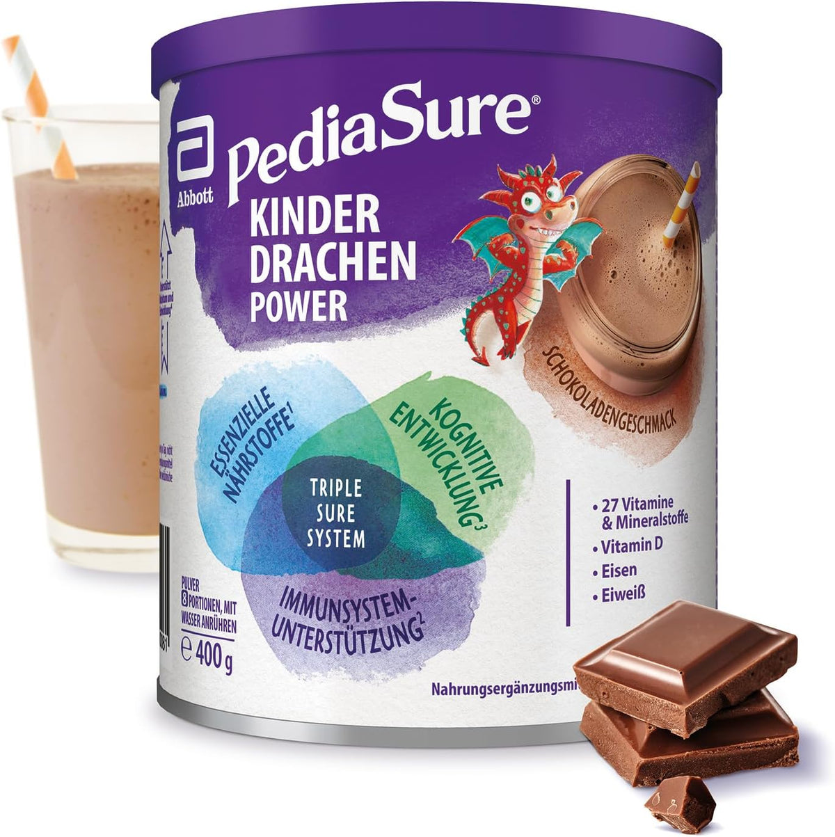 Pediasure Kids Dragon Power Chocolate 400g | Ízletes shake táplálék-kiegészítőként gyermekeknek 1 éves kortól | 27 vitaminnal és ásványi anyaggal, fehérjével és tripleure komplexummal | A csomagolás eltérő lehet