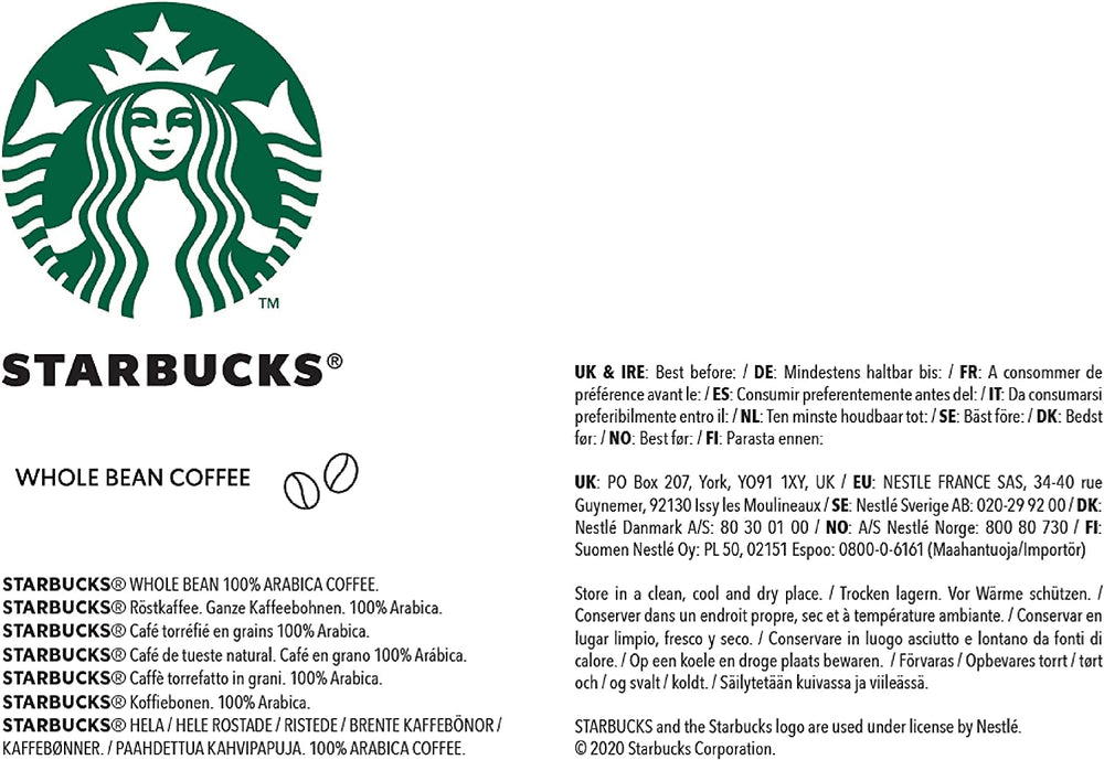 STARBUCKS Espresso Roast, Prăjire Neagră, Boabe Întregi de Cafea 200g (Pachet de 6)