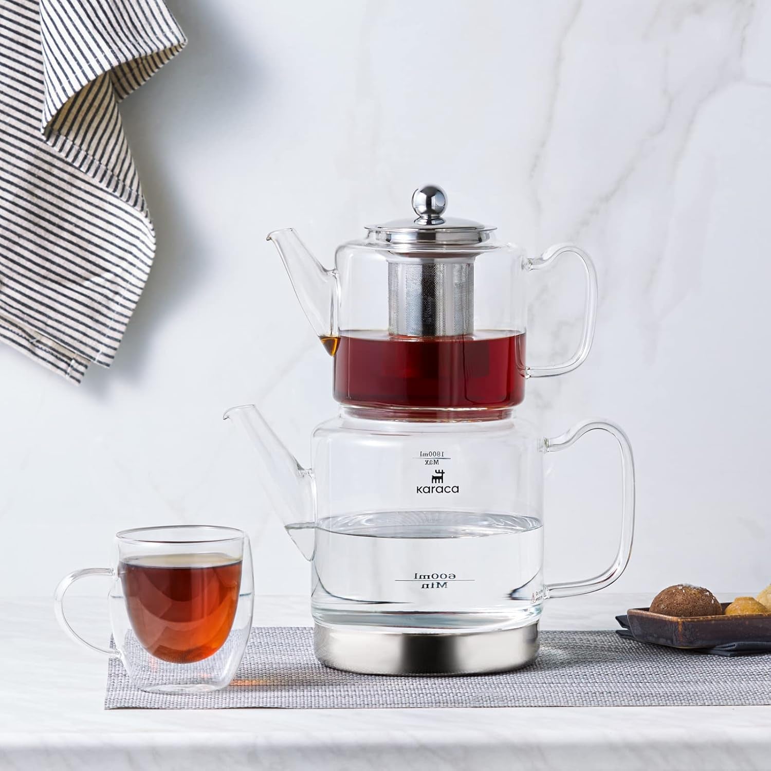 Set de ceainic din sticlă borosilicată Karaca Dora cu infuzor de ceai din oțel inoxidabil, fierbător de 2L și ceainic din sticlă de 1L cu infuzor, ceainic turcesc, Caydanlik, aparat de ceai turcesc pentru ceai din plante, ceai vrac, XL