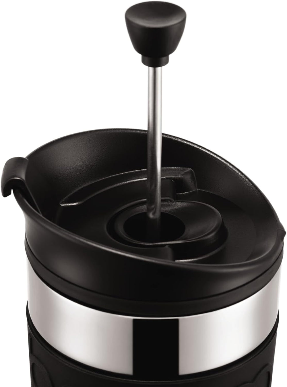 Cafetieră Bodum K11067-01 Travel Press din oțel inoxidabil, neagră, cu capac de schimb, 350 ml