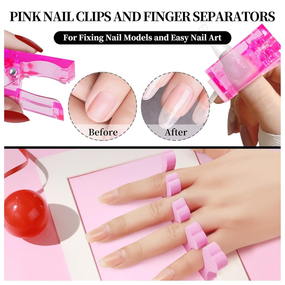 Set de 120 de forme duble pentru unghii, șabloane pentru extensii de unghii cu pensulă roz cu două capete, clemă pentru vârful unghiilor, separator de degete din burete și pilă de unghii pentru unghii Polygel