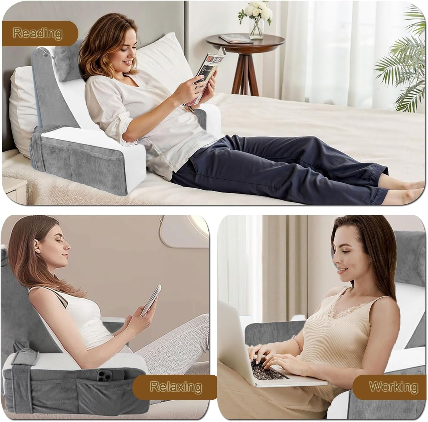 Pernă mare de citit pentru pat și canapea, pernă pentru spate pentru adulți cu suport pentru gât și cotiere, pernă ergonomică pentru spătar cu buzunar și husă lavabilă pentru odihnă, citit, vizionat la televizor (WH)