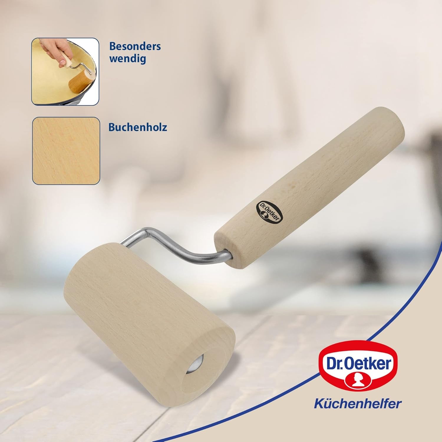 Dr. Oetker Teigroller aus Holz – Teigrolle aus kiváló minőségű Buchenholz – Perfekt für round und eckige Formen – kb. 18 x 7 cm, Rolle Durchmesser kb. 4,5 cm