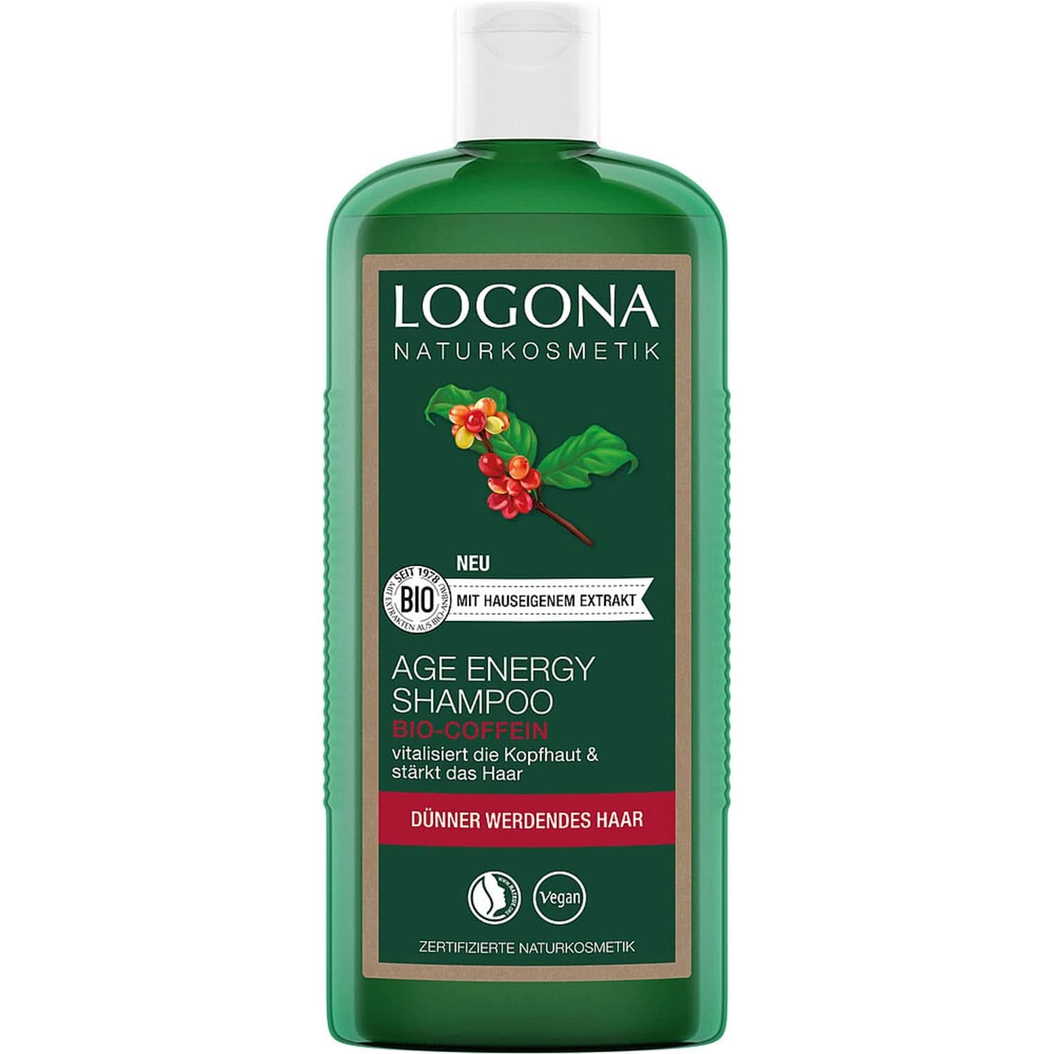 LOGONA Natural Cosmetics, sampon, bio koffein vegán formula, 250 ml Zuhany és fürdő Naty Shop 250 ml