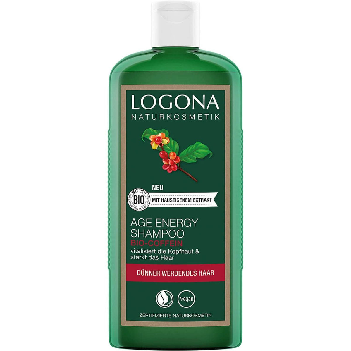 LOGONA Natural Cosmetics, sampon, bio koffein vegán formula, 250 ml Zuhany és fürdő Naty Shop 250 ml