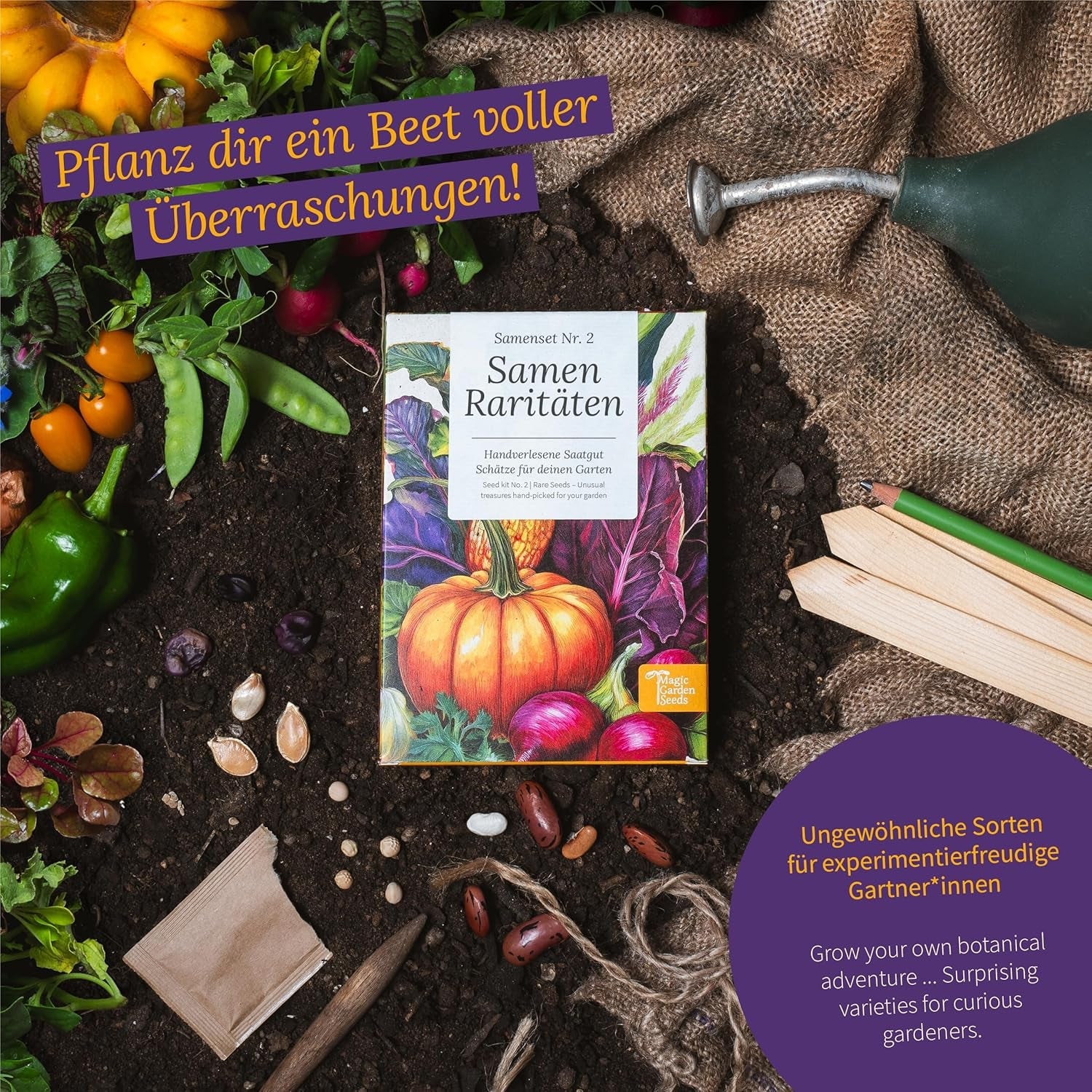 Semințe Magic Garden - Set de semințe rare - 9 soiuri neobișnuite de legume, ierburi și flori - culese manual, colorate și neobișnuite - cadou original pentru iubitorii de grădinărit