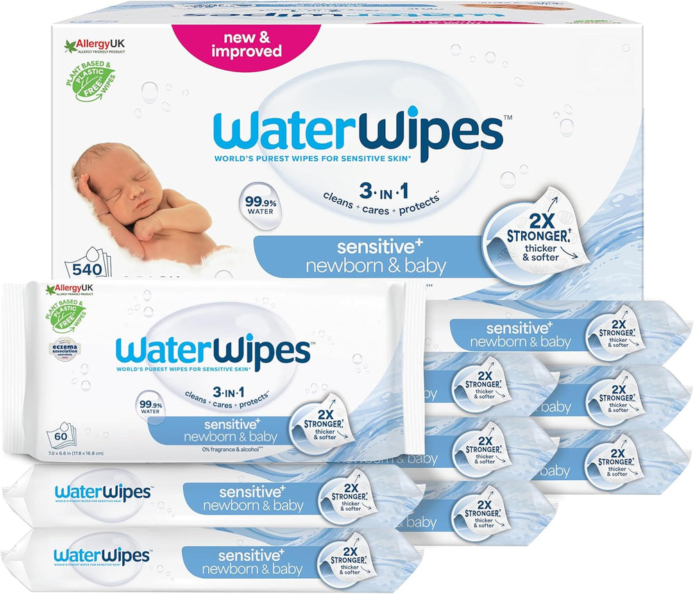 WaterWipes Sensitive+ Nedves törlőkendő újszülötteknek és babáknak, 720 darab (12 csomag), 3 az 1-ben tisztítás, ápolás, védelem, 99,9% víz, illatmentes