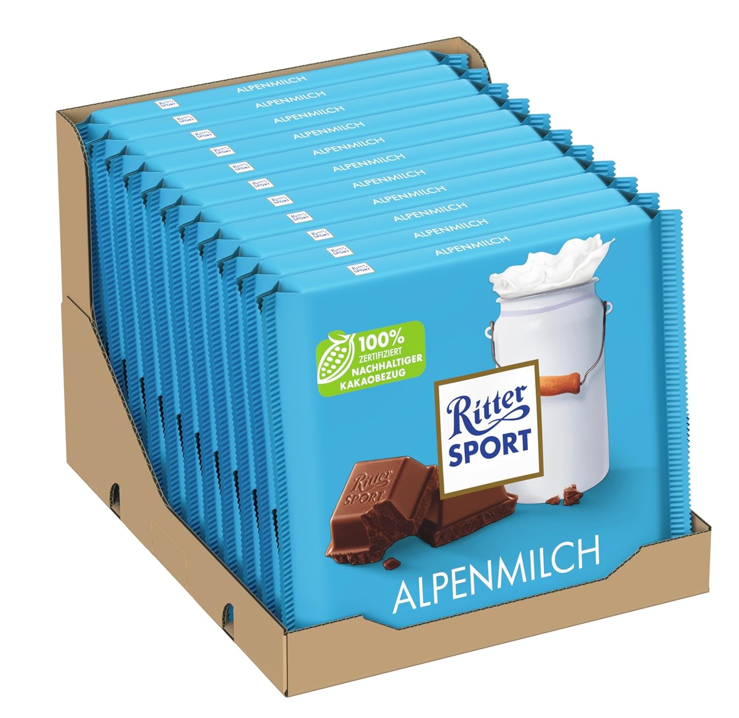 Ritter Sport 250 g alpesi tejcsokoládé, A legfinomabb teljes tejcsokoládé krémes ízzel, Klasszikus csokoládé, ossza meg barátaival, 11 tábla x 250 g