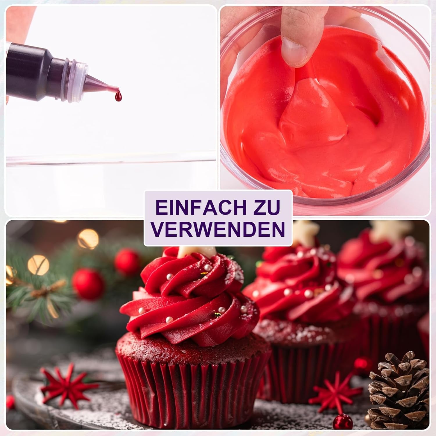 Colorant alimentar - Colorant alimentar lichid, Colorant alimentar foarte concentrat, Coloranți alimentari lichizi pentru copt, Decorare tort, Fursecuri, Macarons, Ouă de Paște, Aluat - 3 × 30ml (Roșu de Crăciun)