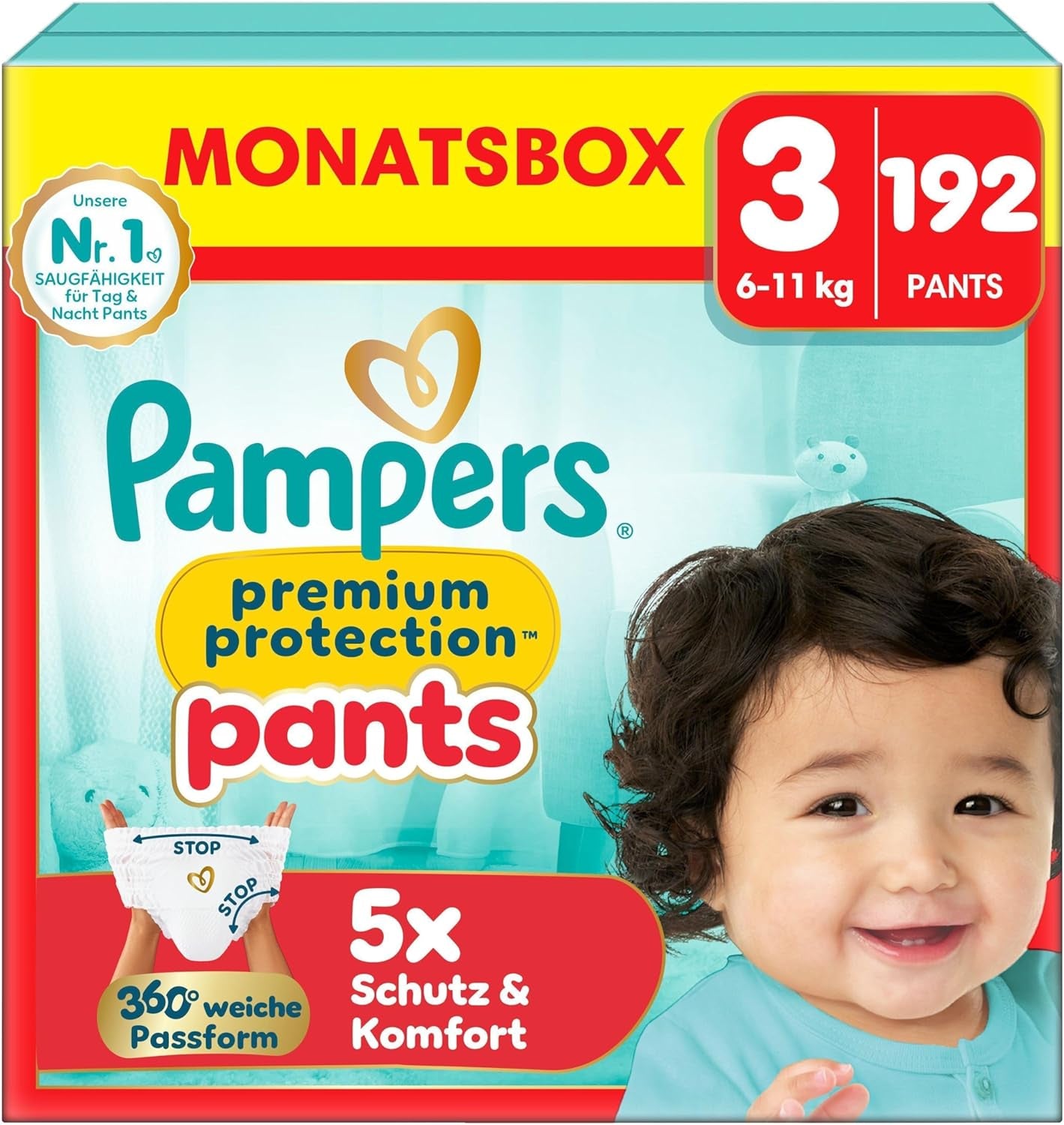Pampers Premium Protection Pants 5-ös méret, 144 pelenka, 11 kg - 17 kg, 360°-ban állítható, puha szivárgásgátló mandzsettával az optimális kényelem és védelem érdekében