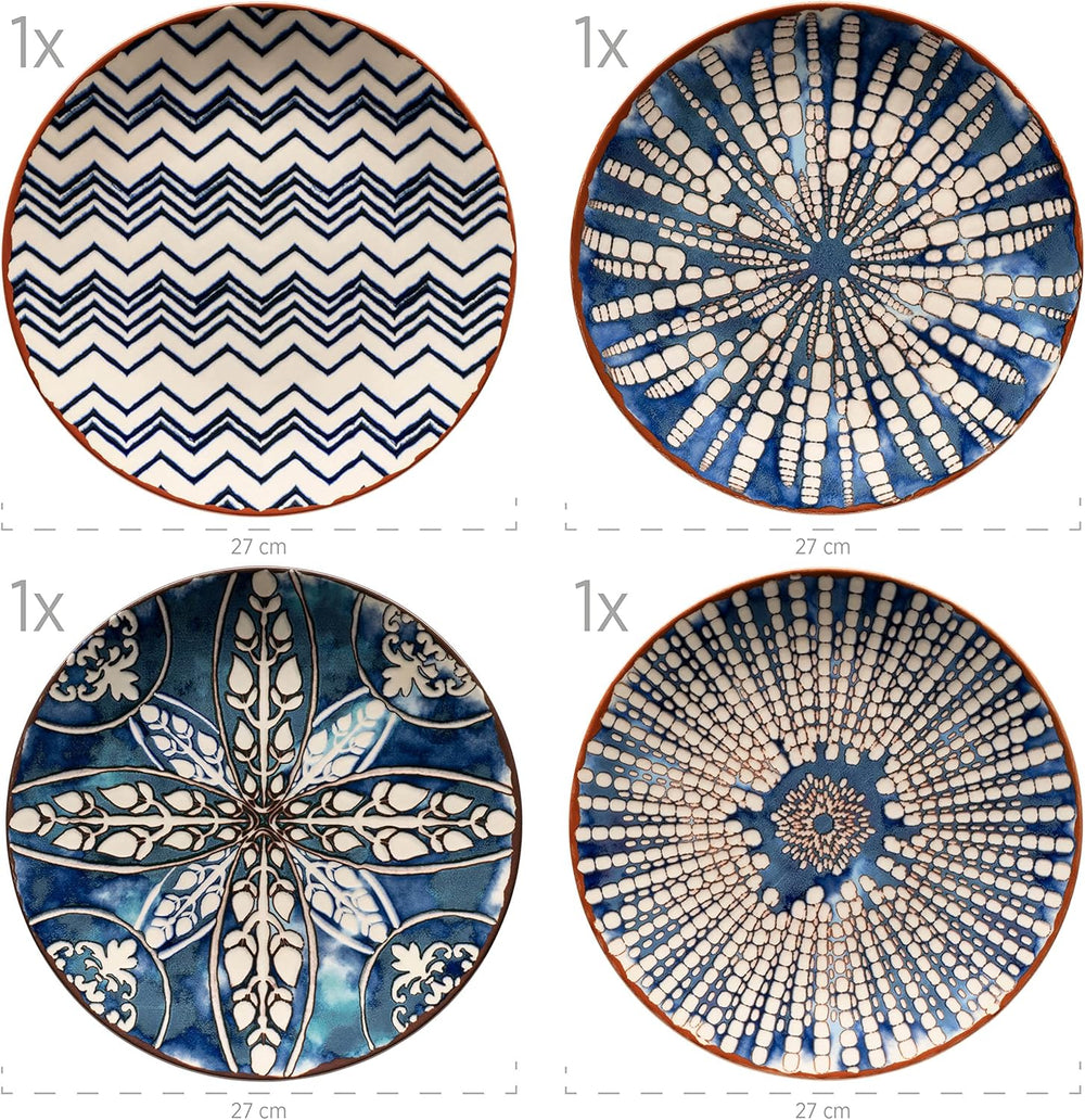 Serviciu de masă MÄSER 934017 Iberico Blue pentru 4 persoane, format din 12 piese, în stil maur, cu diverse modele vintage în alb și albastru, ceramică