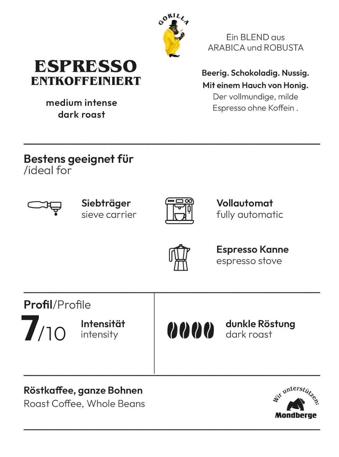 Espresso GORILLA 1000g decofeinizat, boabe întregi