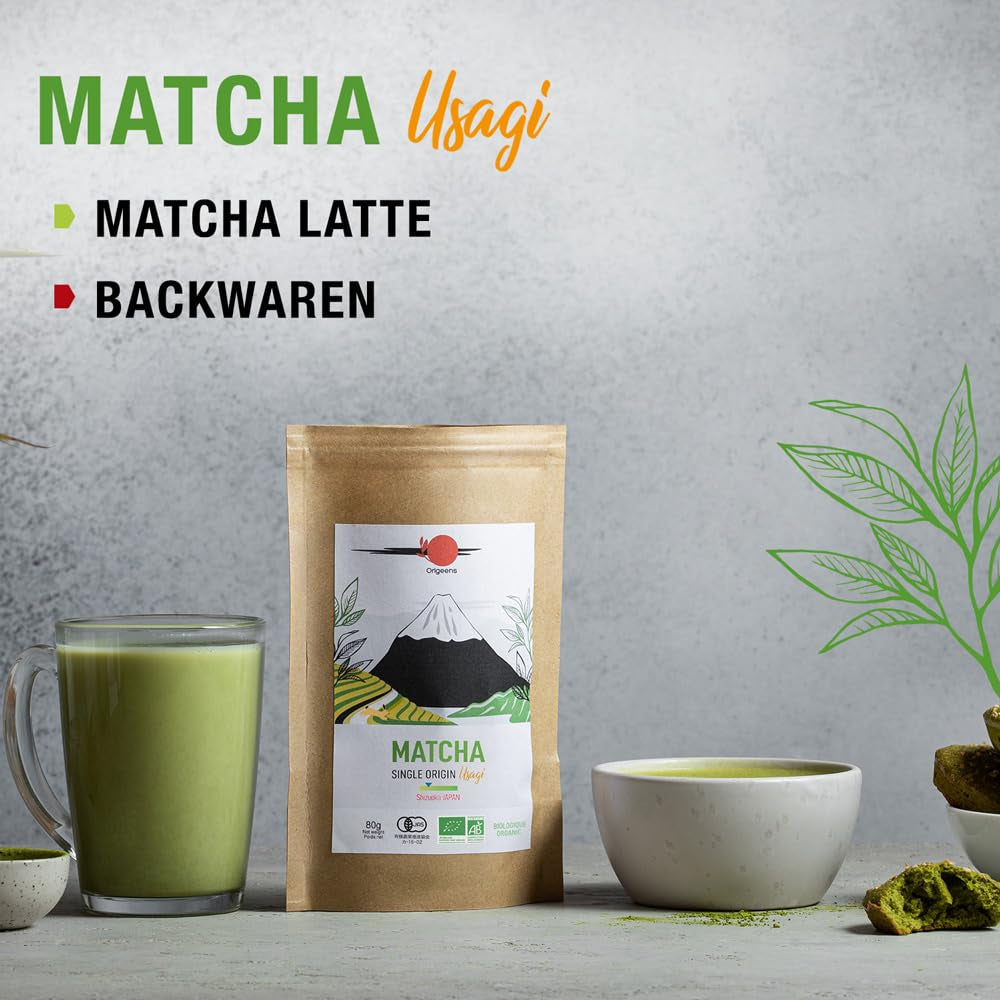 ORIGEENS Ceai japonez organic Matcha Usagi (Latte Intensiv) - Single Origin Shizuoka - Pudră Matcha organică - Pungă de 80 g