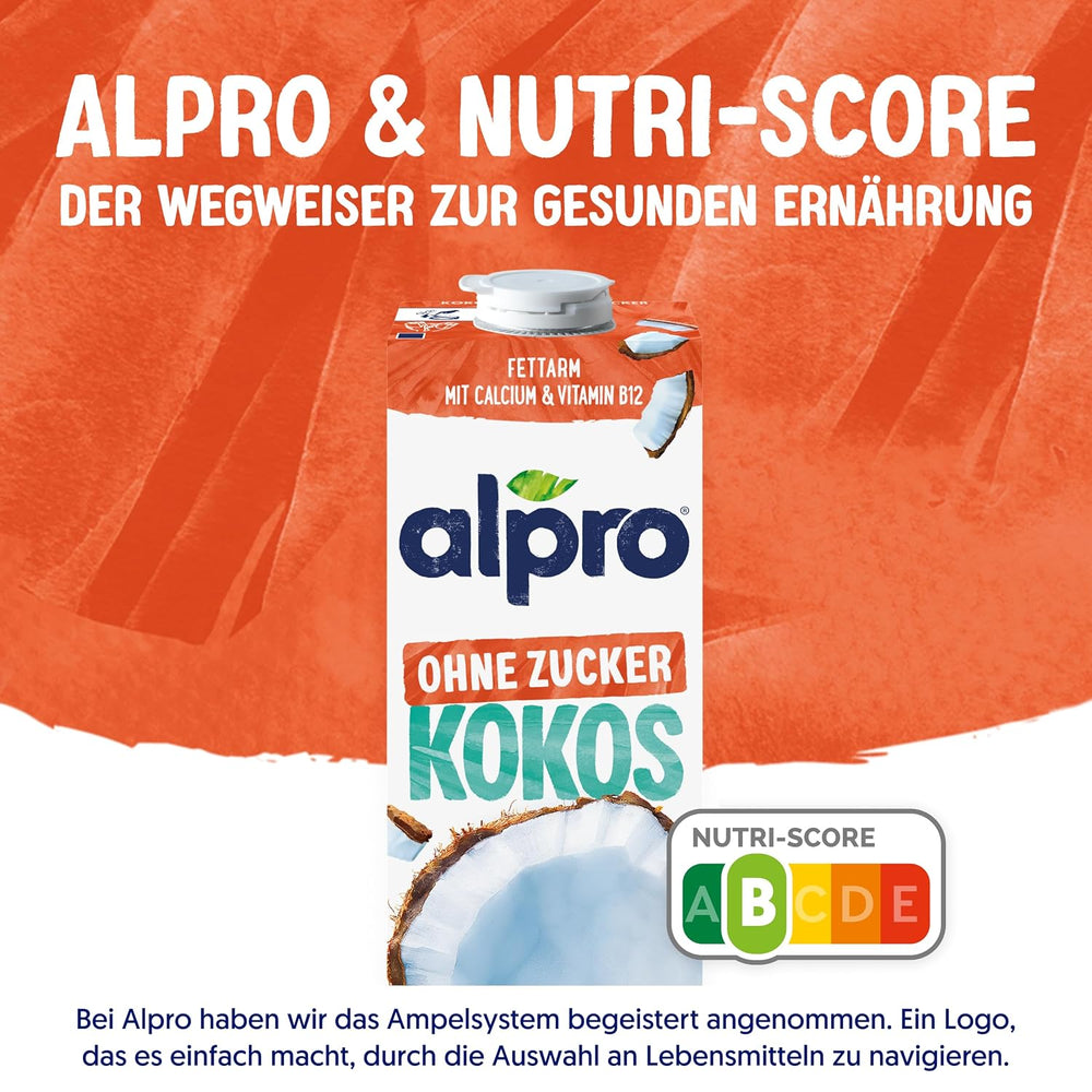 Alpro Kokosnussdrink ohne Zucker – Ohne Süßstoffe – Vegán és tejföl – Von Natur aus lactosefrei und fettarm – Gazdag kalcium és vitamin – 8 x 1 L