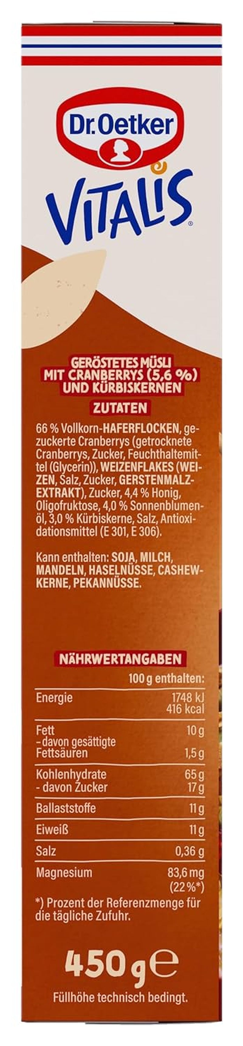 Dr. Oetker Vitalis pirított müzli áfonyával és tökmaggal: Pirított müzli szárított áfonyával, 8 db (8 x 501 g) csomag