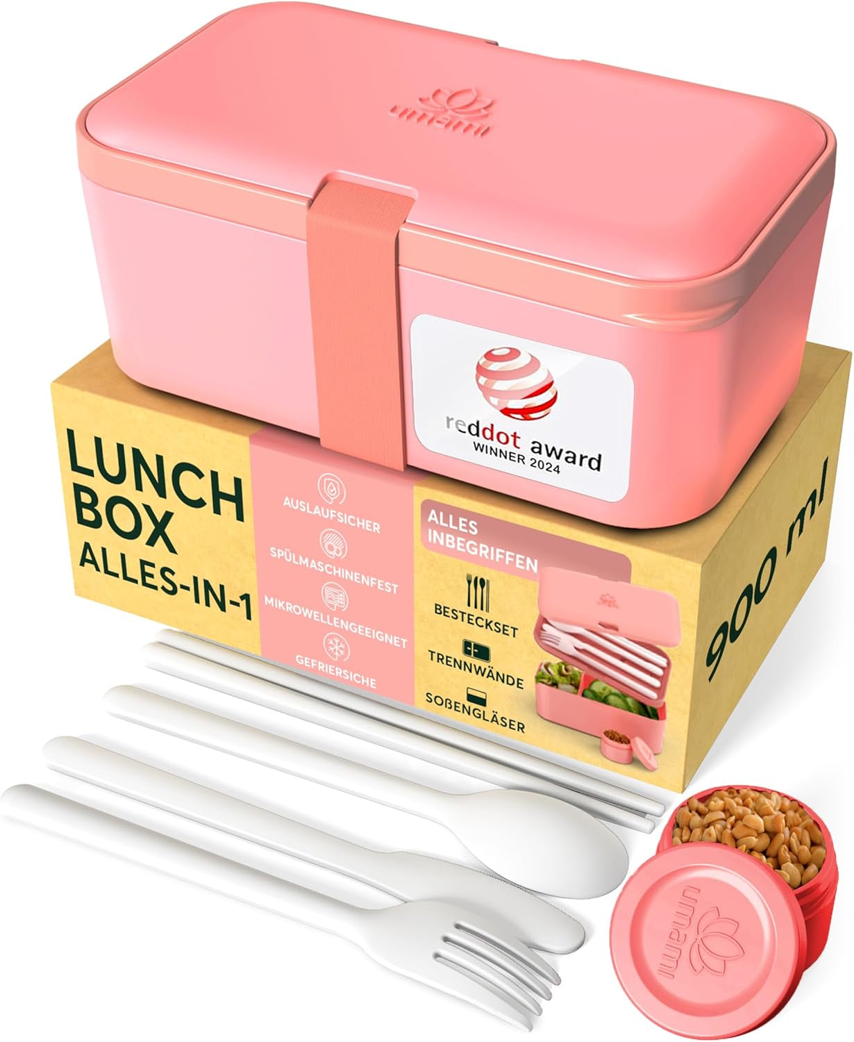 Cutie de prânz Umami pentru adulți, cutie bento stivuibilă etanșă cu 4 tacâmuri și compartimente, cutie de prânz pentru adulți, recipient pentru salată to-go, cutie de prânz pentru picnic / birou, gri cărbune, 1500 ml Cutii depozitare alimente Naty Shop Roz coral - 900 Ml M - 900/1000 Ml