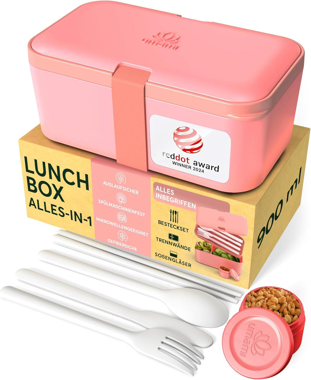 Cutie de prânz Umami pentru adulți, cutie bento stivuibilă etanșă cu 4 tacâmuri și compartimente, cutie de prânz pentru adulți, recipient pentru salată to-go, cutie de prânz pentru picnic / birou, gri cărbune, 1500 ml Cutii depozitare alimente Naty Shop Roz coral - 900 Ml M - 900/1000 Ml