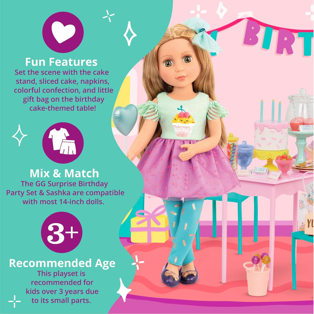 Glitter Girls - GG Surprise születésnapi parti szett és Sashka - Bewegliche 36 cm Puppe Sashka - Überraschungs-Geburtstagsparty-Szett - Tisch & Stühle Möbel - 3 Jahre +