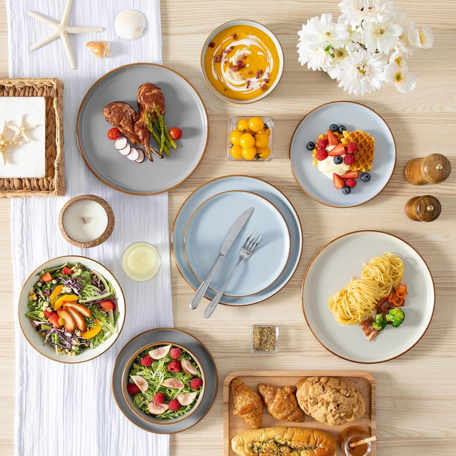 Geschirrset 6 Personen, vancasso RENO 24-tlg Steingut Teller Set Mix, Tafelservice mit je 6 Speiseteller, Dessertteller, Suppenteller, Müslischalen, Spülmaschinenfest & Mikrowellengeeignet, Mehrfarbig