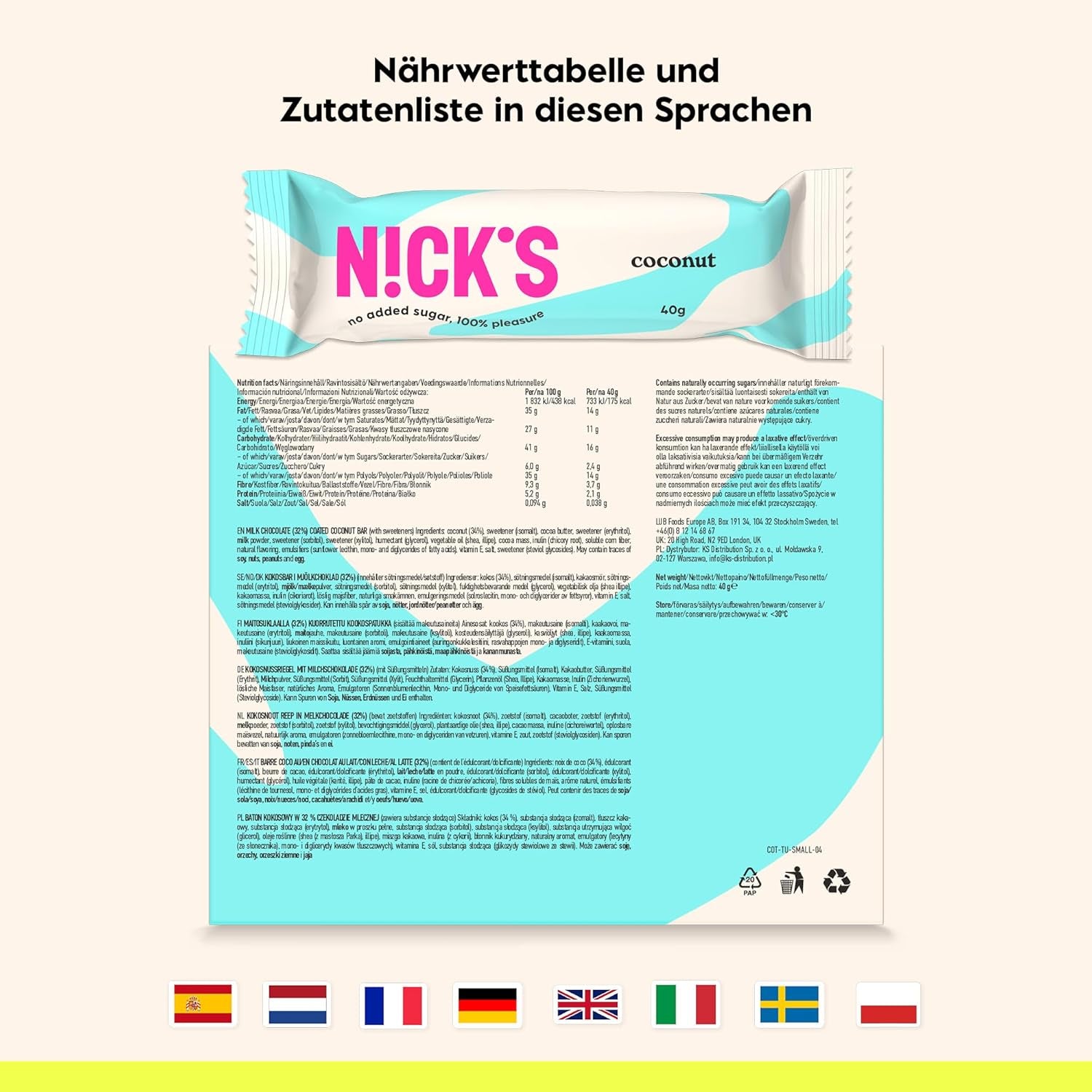NICKS Keto kókuszszeletek, csokoládé kókuszos snackek, 175 kalória, 2 nettó szénhidrát, hozzáadott cukor nélkül, gluténmentes, alacsony szénhidráttartalmú édességek (15 x 40 g)