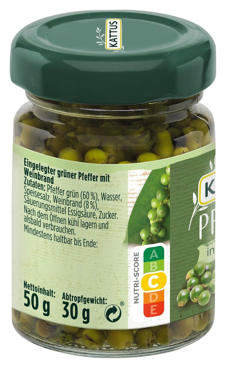 - Grüner Pfeffer Weinbrandban | Ganzer, eingelegter Pfeffer zum Würzen von Saucen | 50 g üvegben