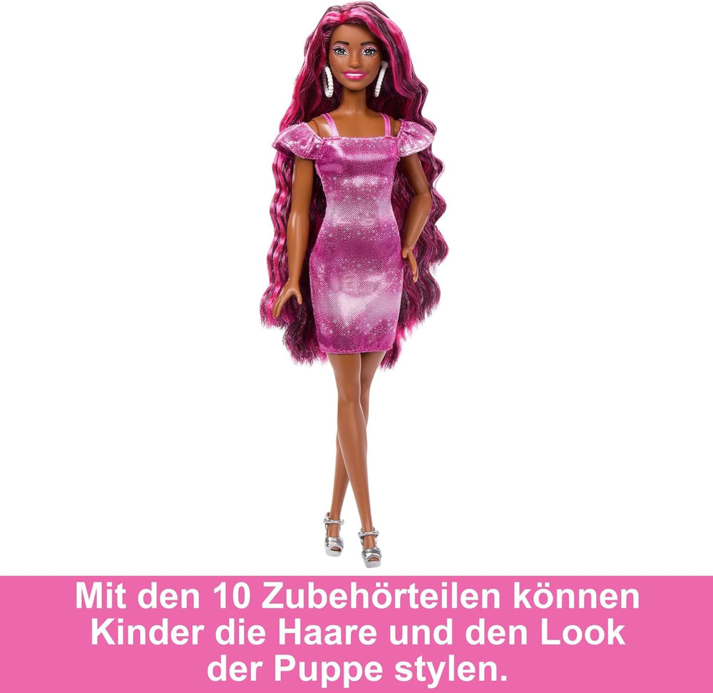Barbie-Puppe, Fun & Fancy-Haar mit extralangem farbenfrohem schwarzem Haar und schimmerndem rosa Kleid, 10 Frisier- und Mode-Spielaccessoires, JDC86