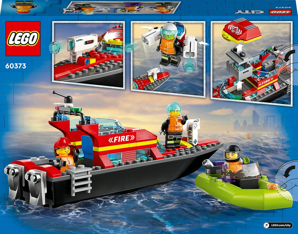 LEGO 60373 City Feuerwehrboot, Spielzeug, das im Wasser wimmt, mit Rennboot, 3 Minifiguren und Jetpack, Feuerwehr-Boot-Spielzeug Geschenkide für Jungen und Mädchen ab 5 Jahren