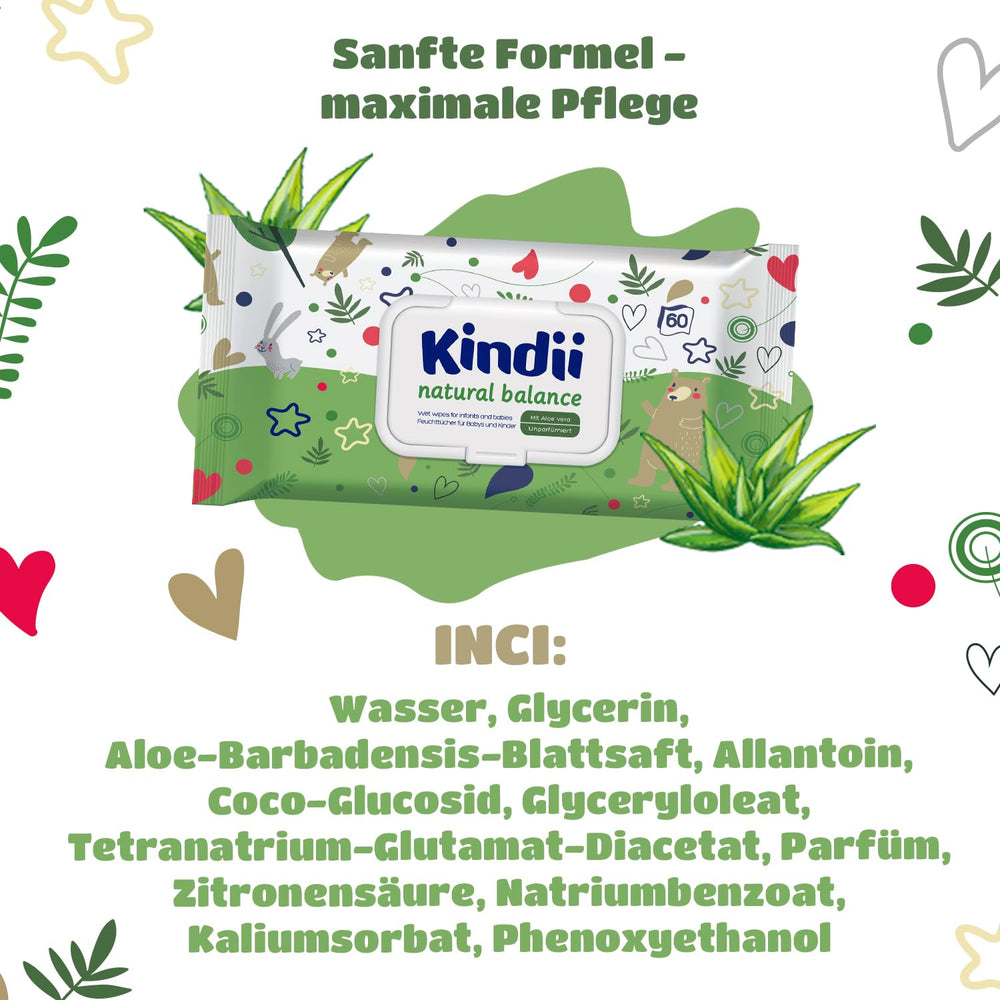 Kindii Natural Balance nedves törlőkendő babáknak – (1 x 60 db) Nedves törlőkendő babáknak és gyerekeknek – Protective, Aloe Vera, Finom illatú – 60 db.