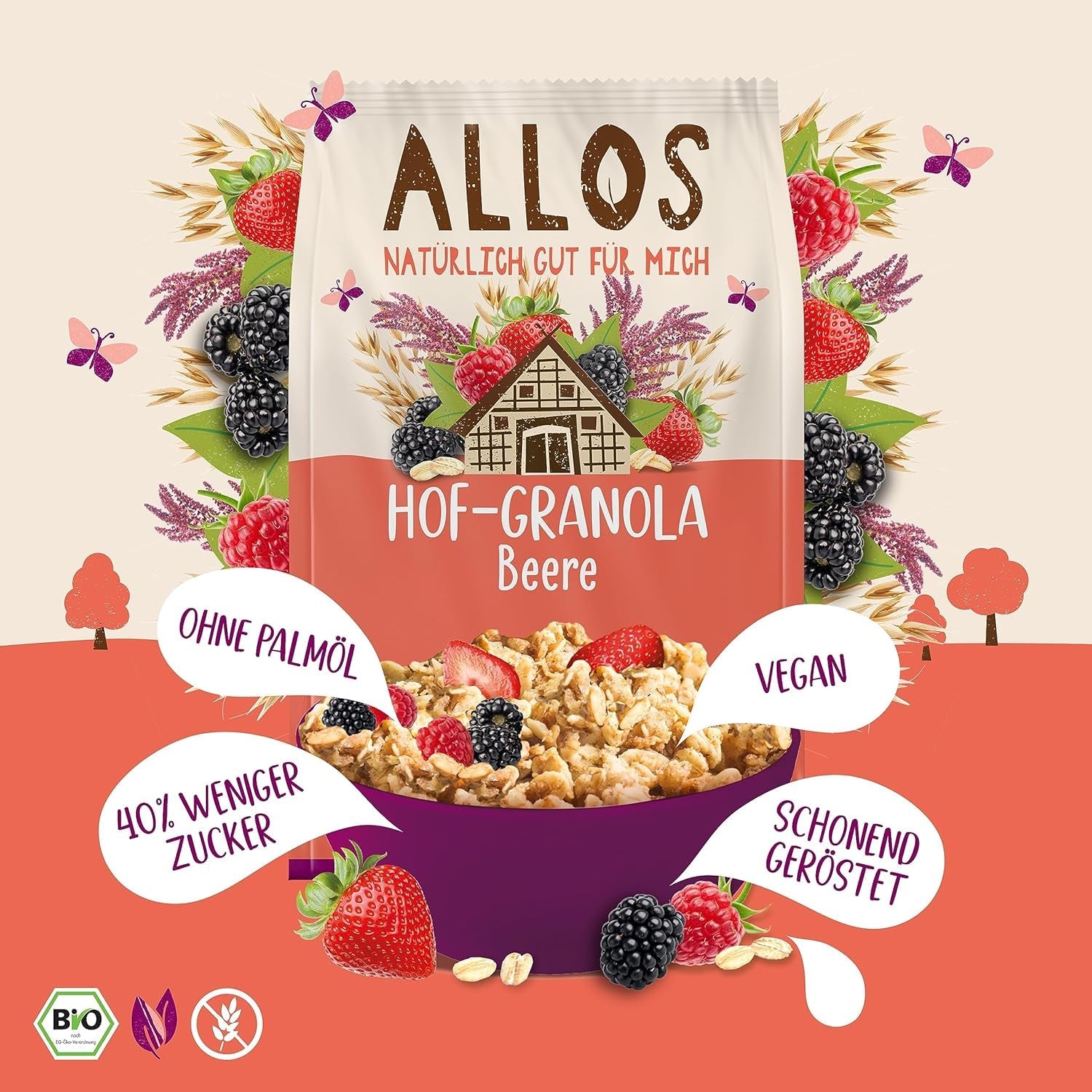 Allos Hof Granola bogyós gyümölcsökkel | Bio müzli | Müzli bogyókkal | Ropogós müzli | Gabonafélék reggelire | 6 db-os kiszerelés (6 x 300g), 1 db (6 db-os csomag)