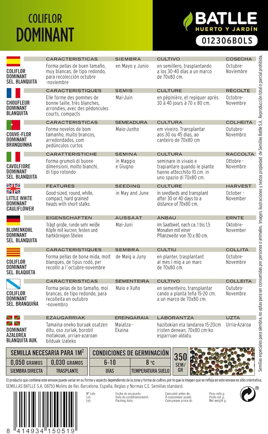 Batlle Gemüsesamen - Blumenkohl Dominant Weiss (1050 Samen)