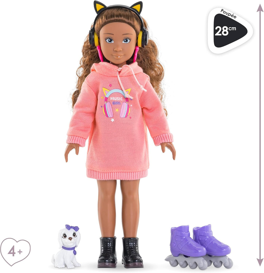 Corolle Girls dallamzene és divatkészlet, Ankleidepuppe im cool Hoodiekleid mit Hund, divatos Kopfhörer, Ohrringe und extra Inlineskates, Vanilleduft, 28cm, ab 4 év