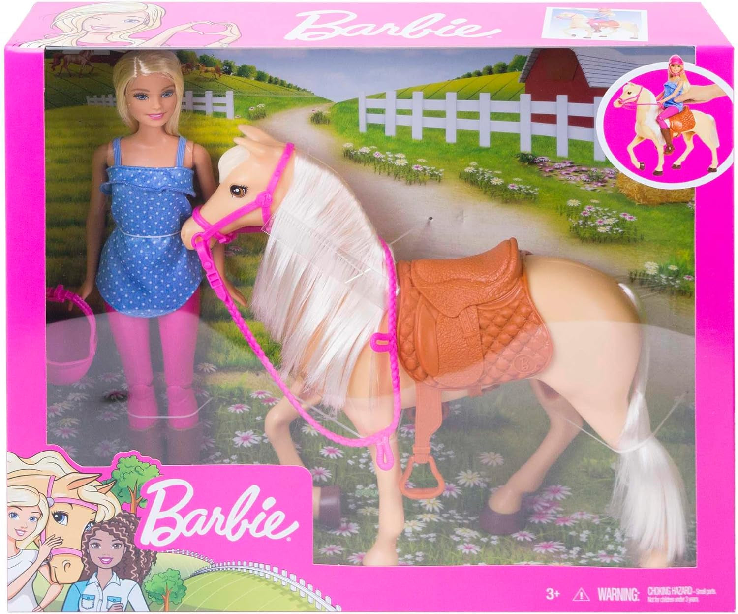 Barbie-Puppe und Pferdespielzeug, Reitzubehör, 1 Puppe und 1 Pferd enthalten, als Geschenk für Kinder ab 3 Jahre geeignet, FXH13