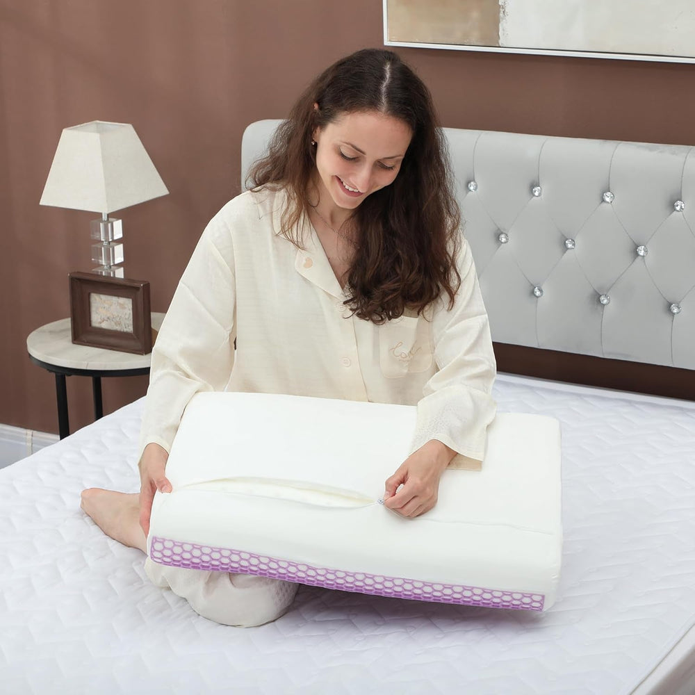 Pernă HOMCOM din spumă cu memorie, pernă pentru susținerea gâtului cu husă detașabilă, 2 înălțimi, ergonomică, pernă pentru gât responsivă 2S pentru diferite poziții de dormit, 60 x 40 cm, alb crem