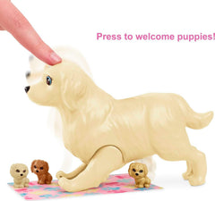 Barbie HCK76 - Welpen-Spielset mit Barbie-Doll (kb. 29 cm, sötétbarna haj), Hündin, die Welpen gebären kann, 3 Welpen & Pflegezubehör, Spielzeug Geschenk für Kinder von 3 bis 7 Jahren