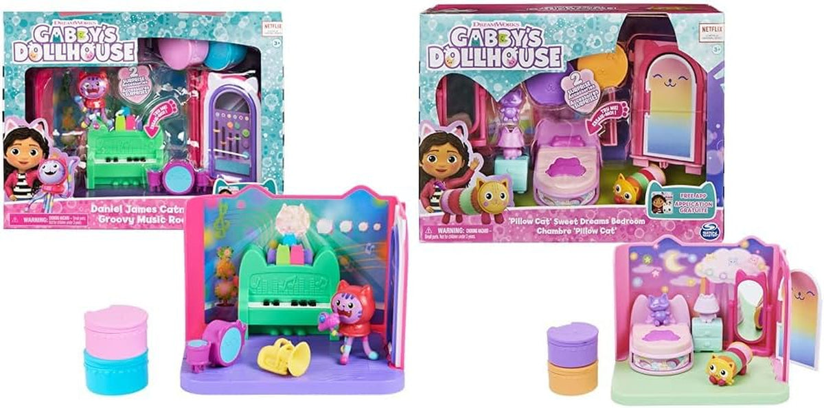 Camera Deluxe a casei de păpuși Gabby, Cameră cu muzică groovy și Cameră Deluxe, Vise dulci, Dormitor cu pisică pufoasă