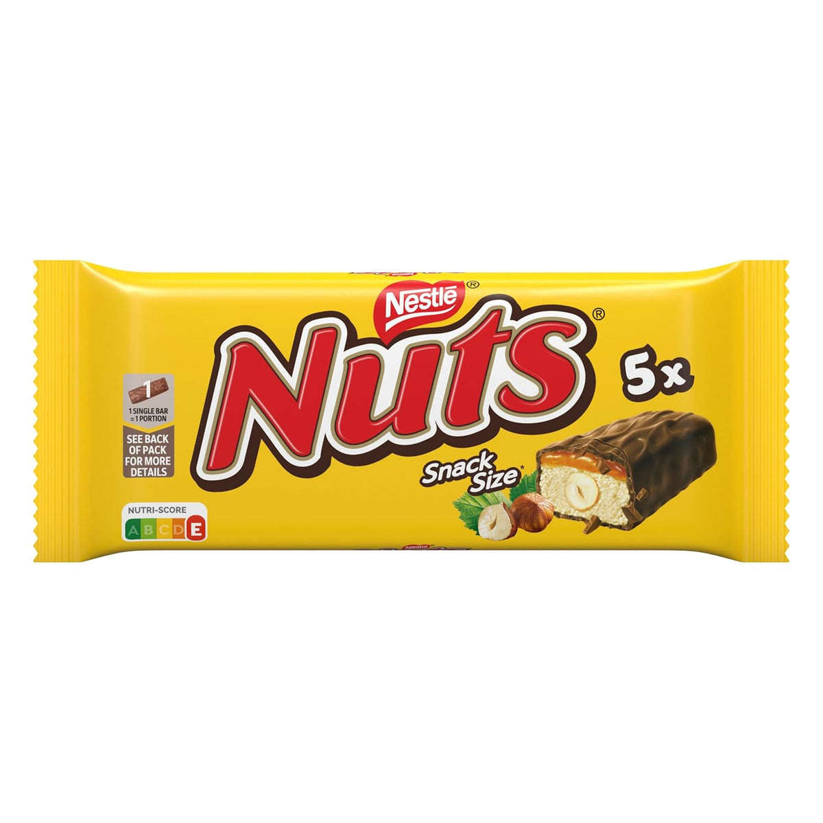 Nestlé NUTS, mogyorós csokoládészeletek karamell töltelékkel, egész mogyoróval és ízletes cukorkakrémmel, tejcsokoládéval bevonva, 1 csomag (5 x 30 g)