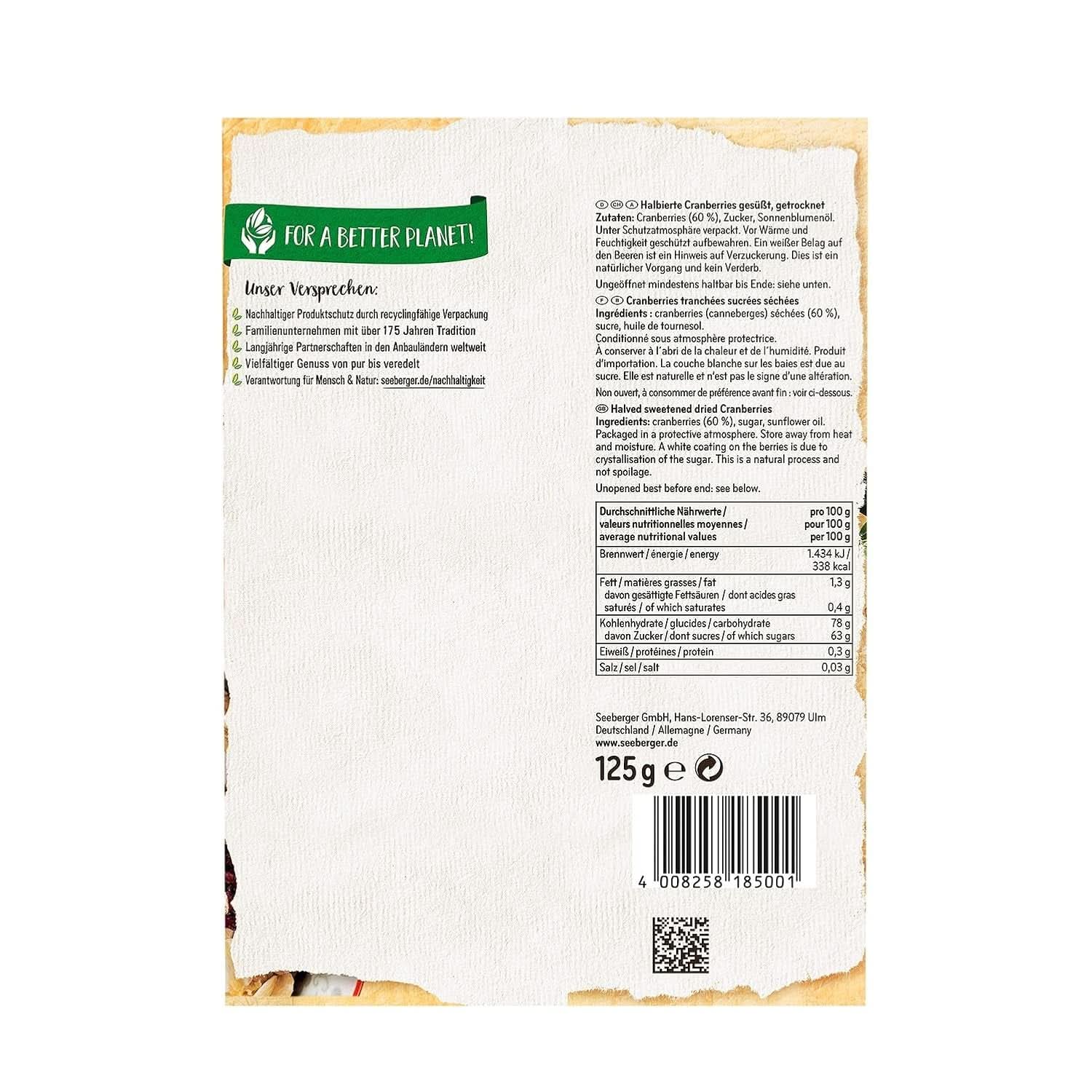 Seeberger áfonya, félbevágott kanadai áfonya, gyümölcsös és édes, 13 x 125 gramm Naty Shop dehidratált termékek