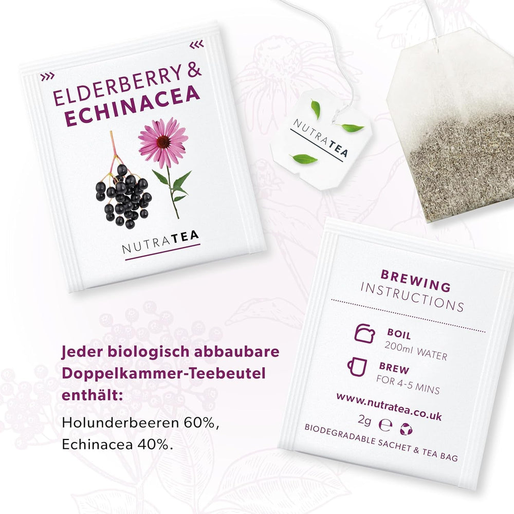 Nutra Tea Fructe de soc și echinaceea, ceai pentru imunitate și răceli, ceai pentru susținerea sistemului imunitar, pentru combaterea răcelilor, 20 pliculețe de ceai reutilizabile, ceai natural din plante