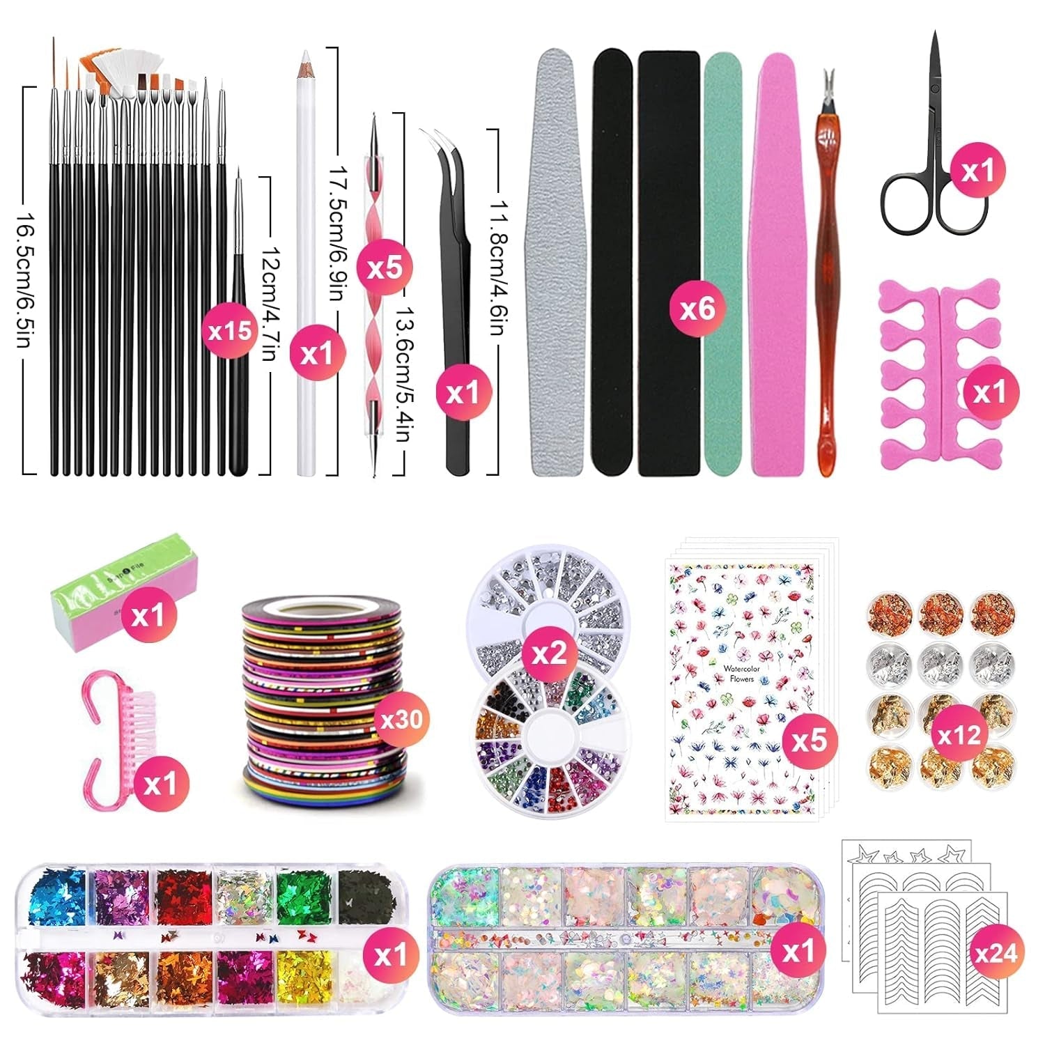 Nail Art Pinsel Und Dekorationen Set,Nail Art Dekoration Zubehör Set,15 Pcs Pinsel,5 Blätter Nagelsticker,5 Pcs Dotted Pen,Strasssteine Nägel,Ultra Dünn Nagel Pailletten Für Nagelkunst Maniküre