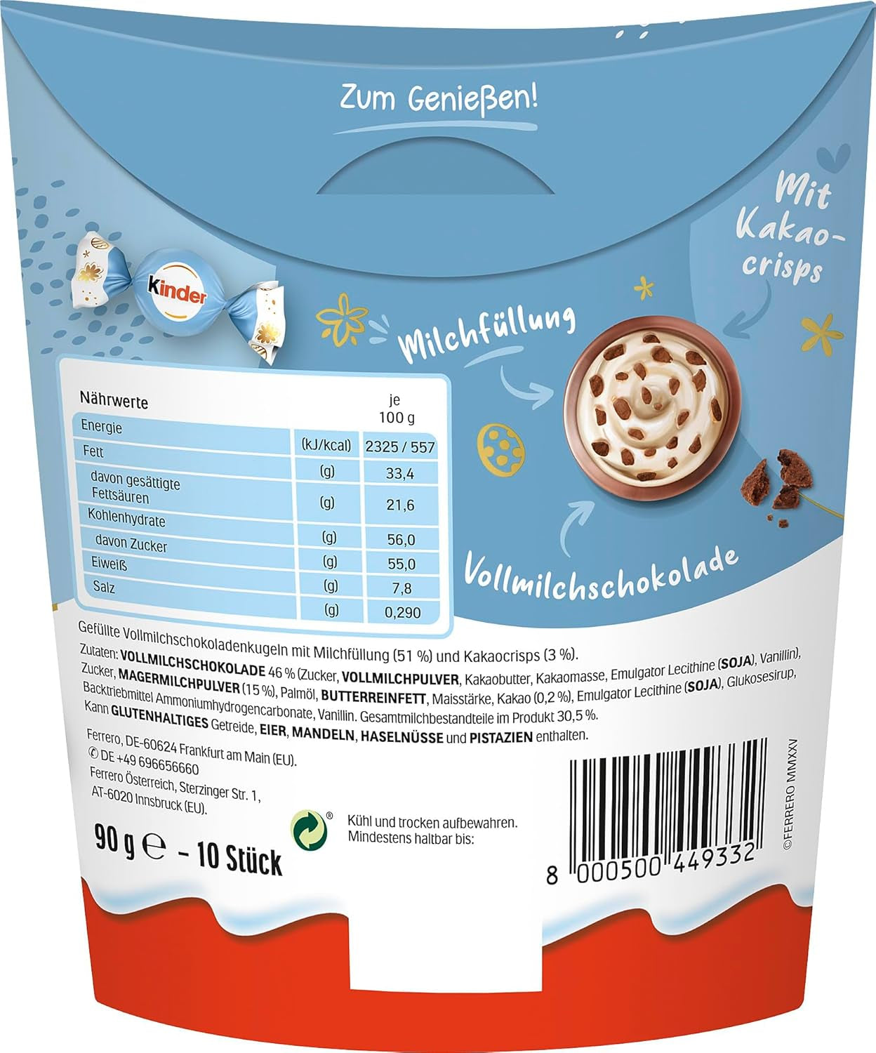 Kinder Balls Milk & Crispy Bits Sensations 90g – Tejcsokoládé golyók tejjel töltelékkel és kakaó chipsekkel – Húsvéti csokoládé, húsvéti édességek – Húsvéti ajándék és szuvenír