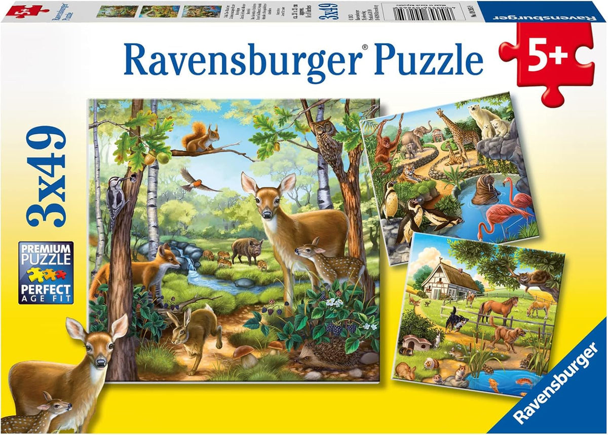 Ravensburger Puzzle jigsaw pentru copii - 09265 Forest/Zoo/Pets - puzzle jigsaw pentru copii de peste 5 ani, cu 3X49 piese Puzzle Naty Shop Titlu implicit