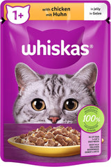 Hrană umedă Whiskas 1+ pentru pisici cu pui în jeleu, 28x85g (1 pachet) – Hrană umedă de înaltă calitate pentru pisici adulte în pliculețe cu 28 de porții