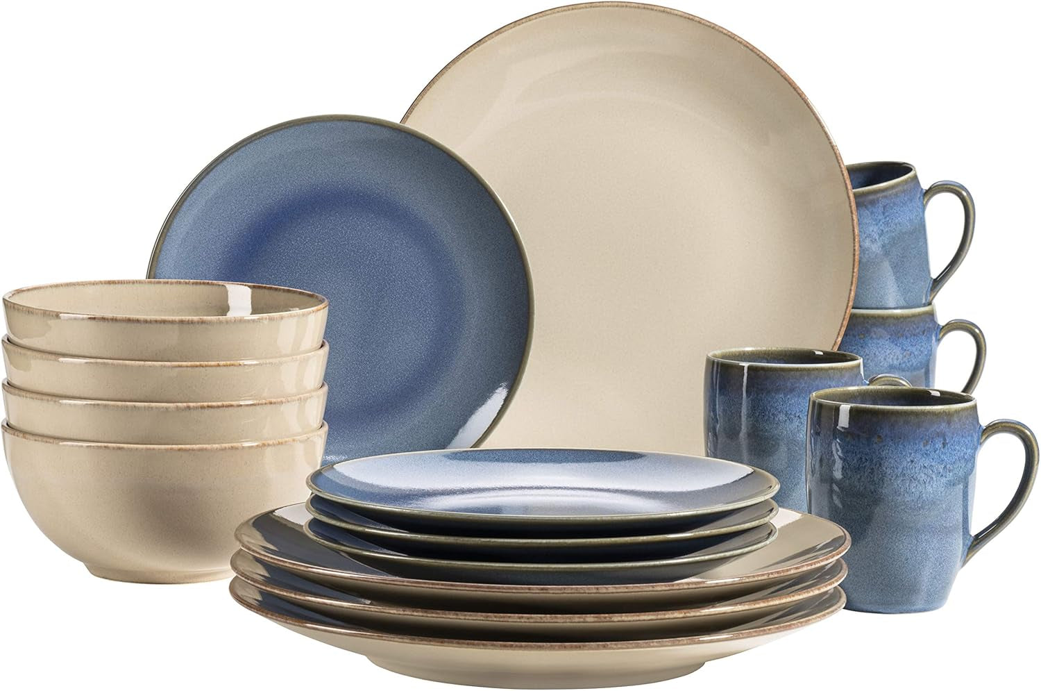 MÄSER 931736 Geschirr-Set Für 4 Personen Im Mediterranen Vintage-Look, 16-Teiliges Kombiservice in Sandigem Grau, Keramik, Sandgrau Seturi vesela masa Naty Shop Sandgrau / Hellblau