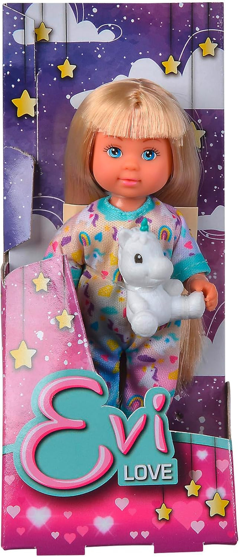 Simba Evi Love Pijama, 3-Fach Sortiert, es Wird nur EIN Artikel gelifert, Puppe in einem süßen Pijama mit Einhornkuscheltier, 12cm Spielpuppe, ab 3 Years