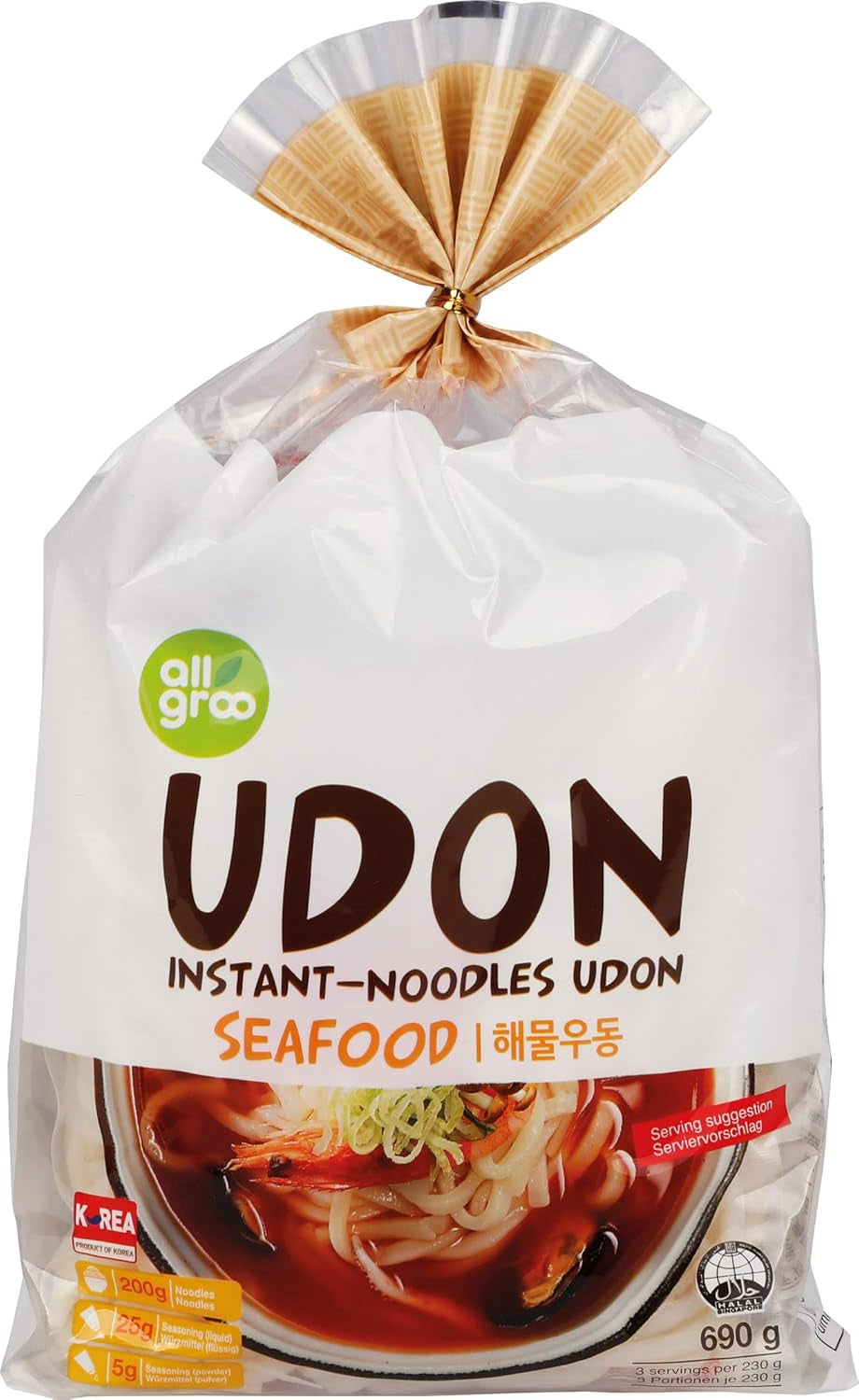 Allgroo Udon instant tészta - Fűszeres Udon leves, gyorsan elkészíthető - 3 adagot tartalmaz - 1 x 690g