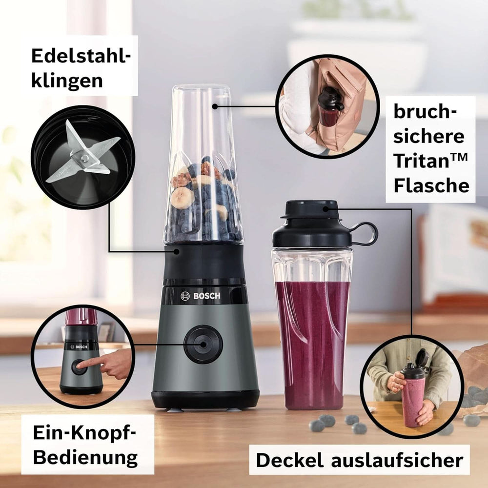 Bosch Mini-Standmixer Vitapower Serie 2 MMB2111S, Highspeed-Mixer, Bis Zu 40 000 rpm, Tritan Togo-Flasche 0,6 L, Trinkdeckel, Bruchsicher, Spülmasch.Geeignete, 450W, Silber/Sch Teilwarz Kitchen