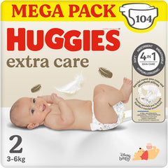 Huggies Extra Care babapelenka, 2-es méret (3-6 kg), szuper nedvszívó, Disney Design, Mega Pack, 104 db