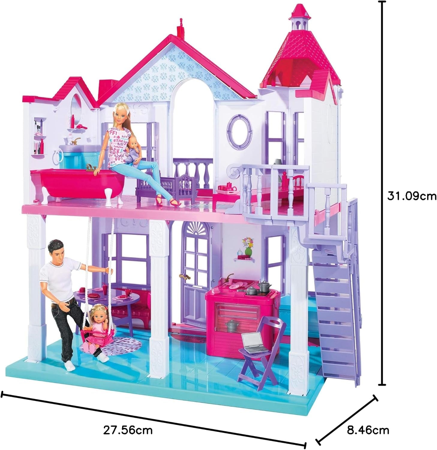 Simba 104661996 - Steffi Love Dreamhouse, Nagy játszóház, 4 szoba, BÁBOK NINCS, 84 cm magas, kétszintes, funkcionális csengő, összecsukható Naty Shop babaházak